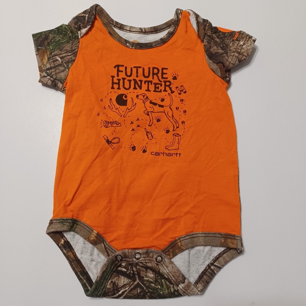 Carhartt Baby 6 Mon Bodysuit Orange Camo Short Sleeve Snap Making Future Hunter